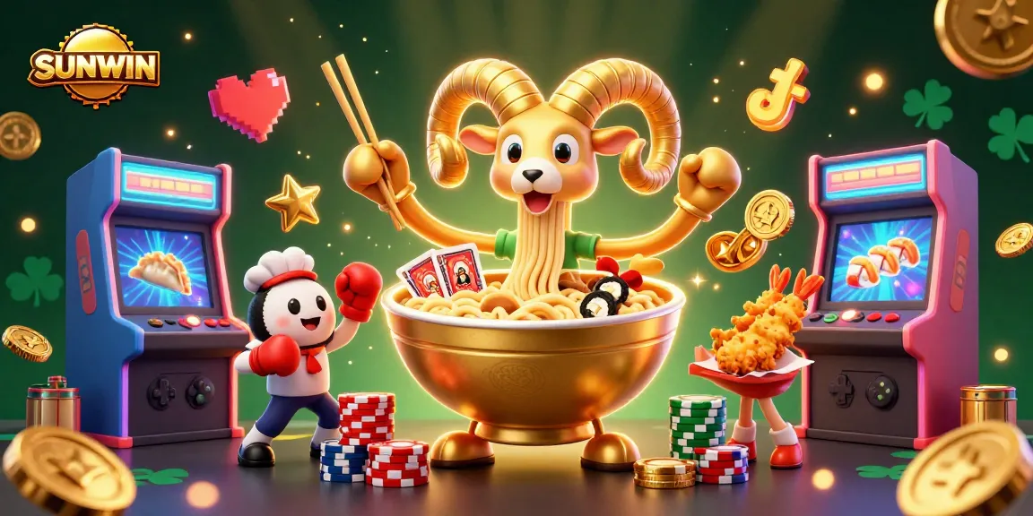 SUNWIN showcases a vibrant casino scene with a giant golden ramen bowl dealing cards and colorful arcade elements.