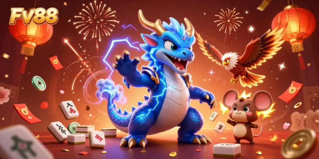 Experience the excitement of FV88 with a vibrant 3D illustration showcasing casino games and winning elements.