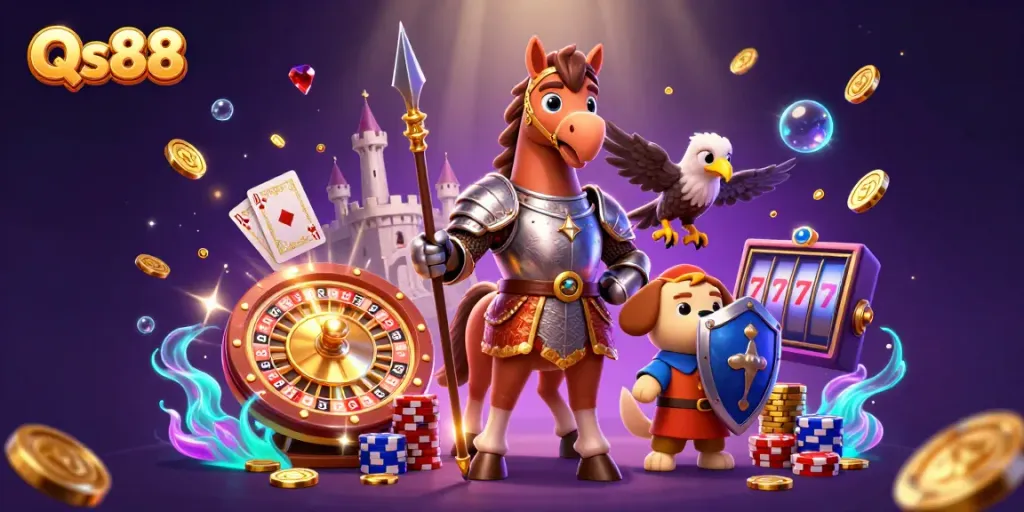 Experience the excitement of Qs88 with thrilling casino elements, lucky symbols, and vibrant colors.