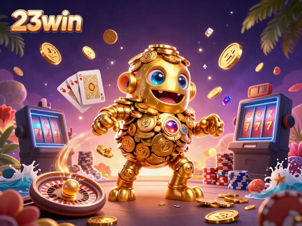 Experience the excitement of 23win with dynamic casino elements and a golden golem.