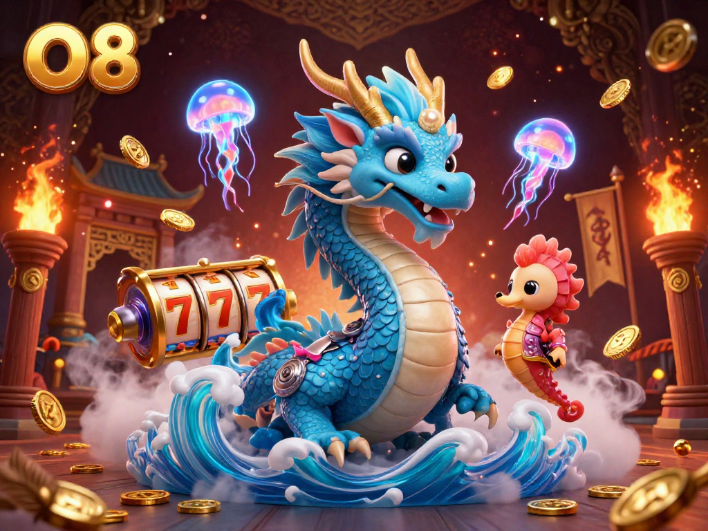 Engage with the vibrant O8 casino scene featuring exquisite characters and slot game elements.