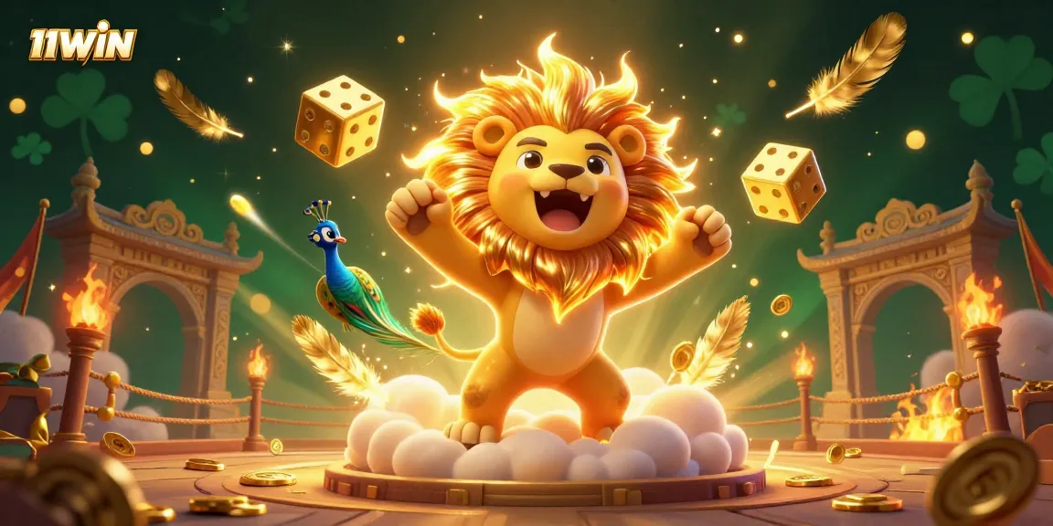 Experience thrilling gameplay with 11WIN in this vibrant casino scene featuring a roaring lion and golden dice.