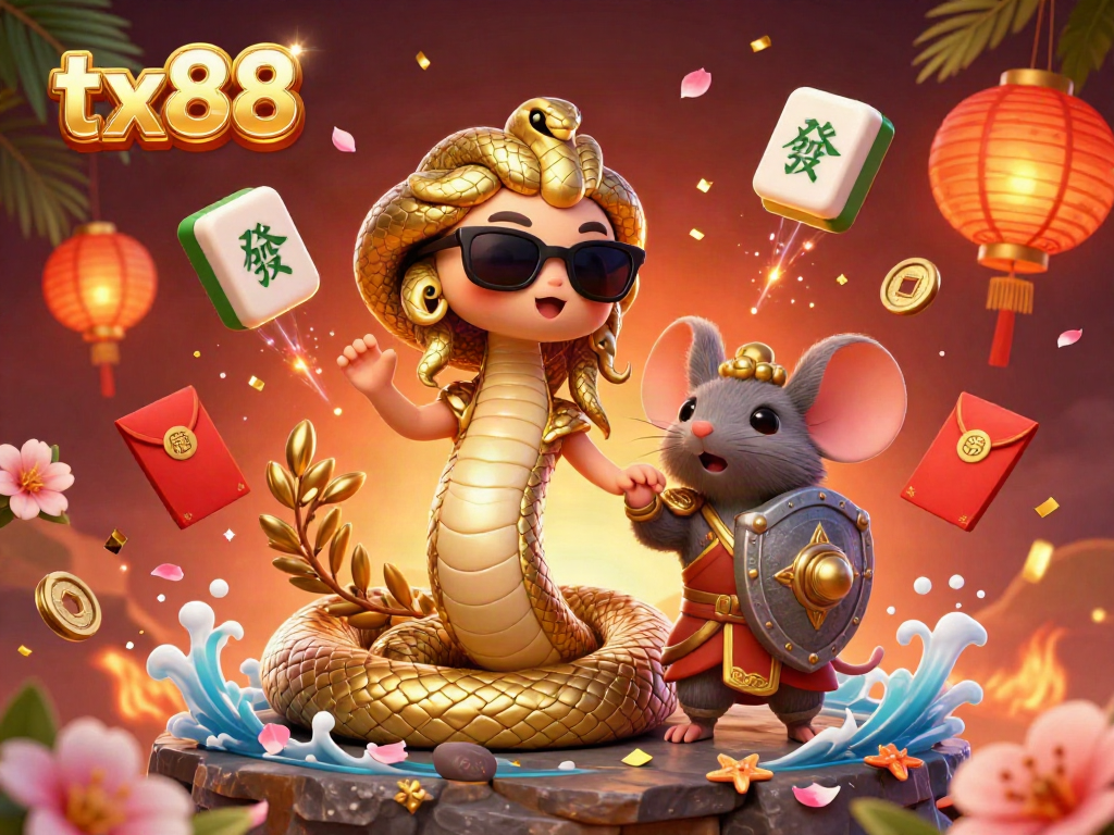 Experience excitement with tx88 where Medusa and a warrior mouse celebrate with vibrant casino elements!