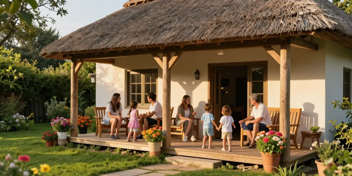Family enjoying time on charming oak porches, showcasing cozy cottage style and inviting atmosphere.