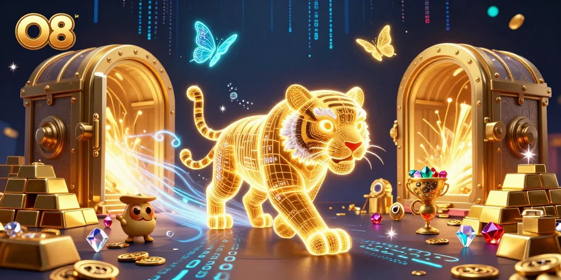 Experience thrilling wins at O8's vibrant digital casino with golden treasure and neon elements.