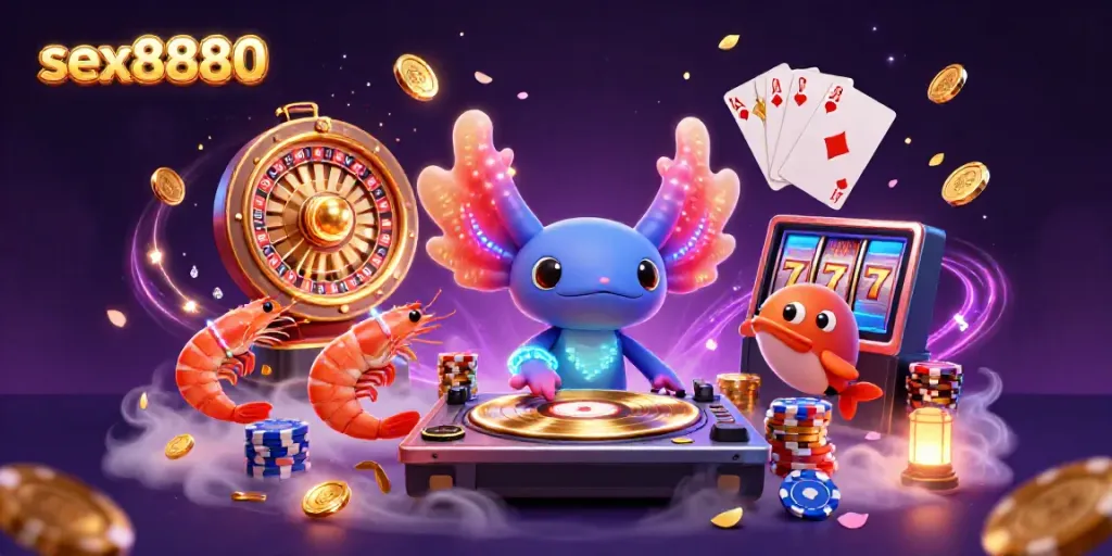 Experience vibrant fun at sex8880 with a neon axolotl DJ, dazzling game elements, and casino excitement.