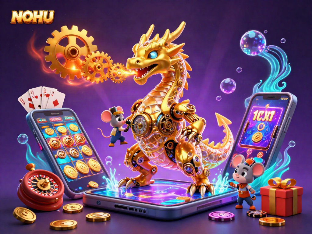 Engage with the NOHU casino scene featuring a golden dragon and slot game excitement.