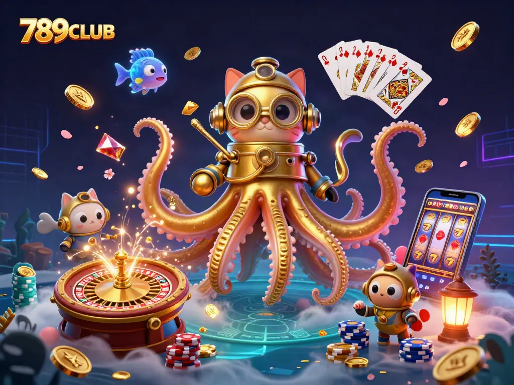 Experience the thrill of 789CLUB with a vibrant 3D casino scene featuring a kraken and a diving cat surrounded by dynamic game elements.