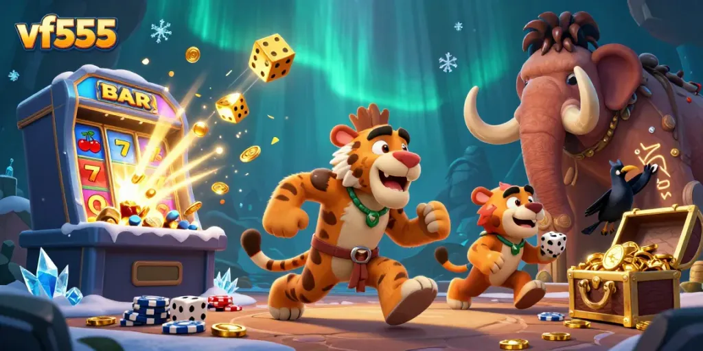 Experience the vibrant world of vf555 with cartoon characters enjoying exciting casino gaming.