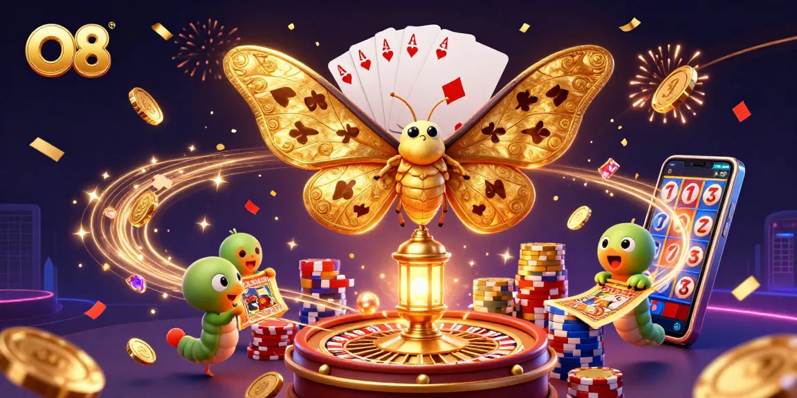 O8 showcases a vibrant 3D casino scene with dazzling elements featuring the atlas moth and dynamic game symbols.