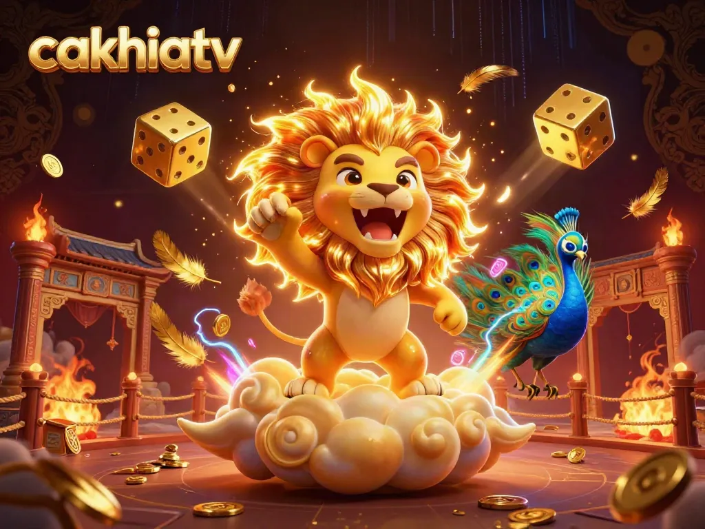 Experience thrilling gameplay with cakhiatv amidst golden dice and a roaring sun lion.