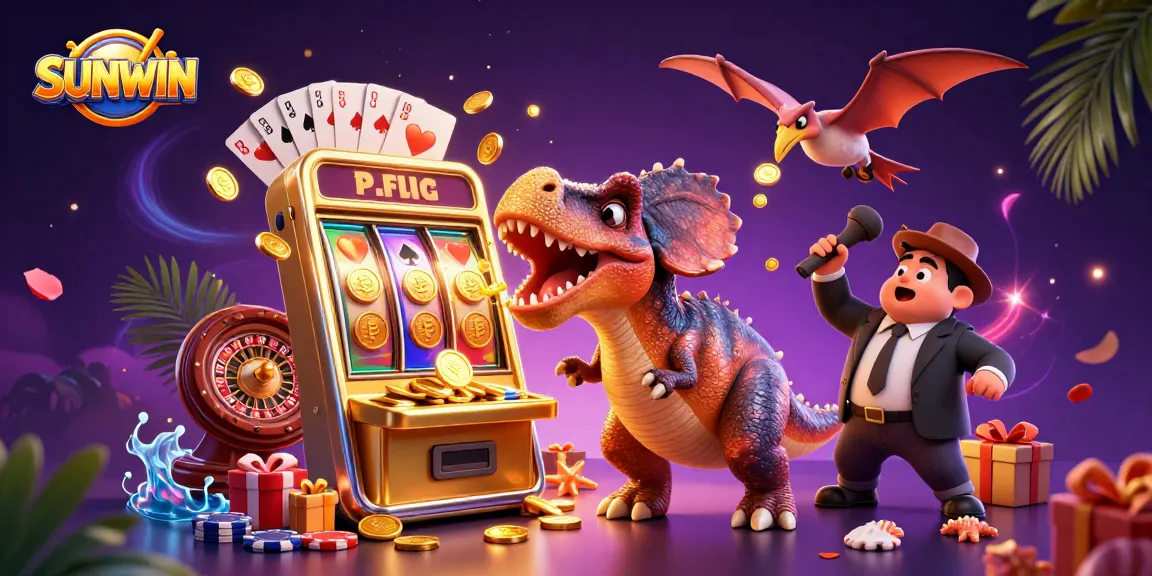 SUNWIN casino scene with a dinosaur winning jackpots at a slot machine amidst flying coins and cards