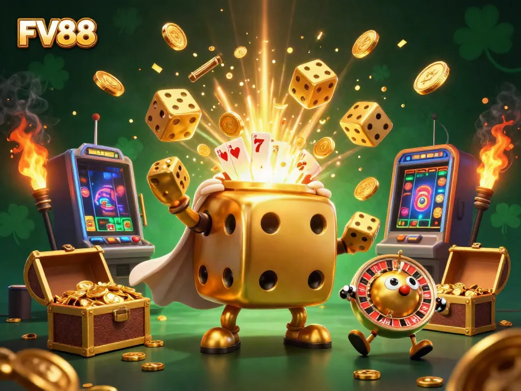 Experience the excitement of FV88 with a vibrant 3D casino scene featuring dynamic characters and rich game elements.