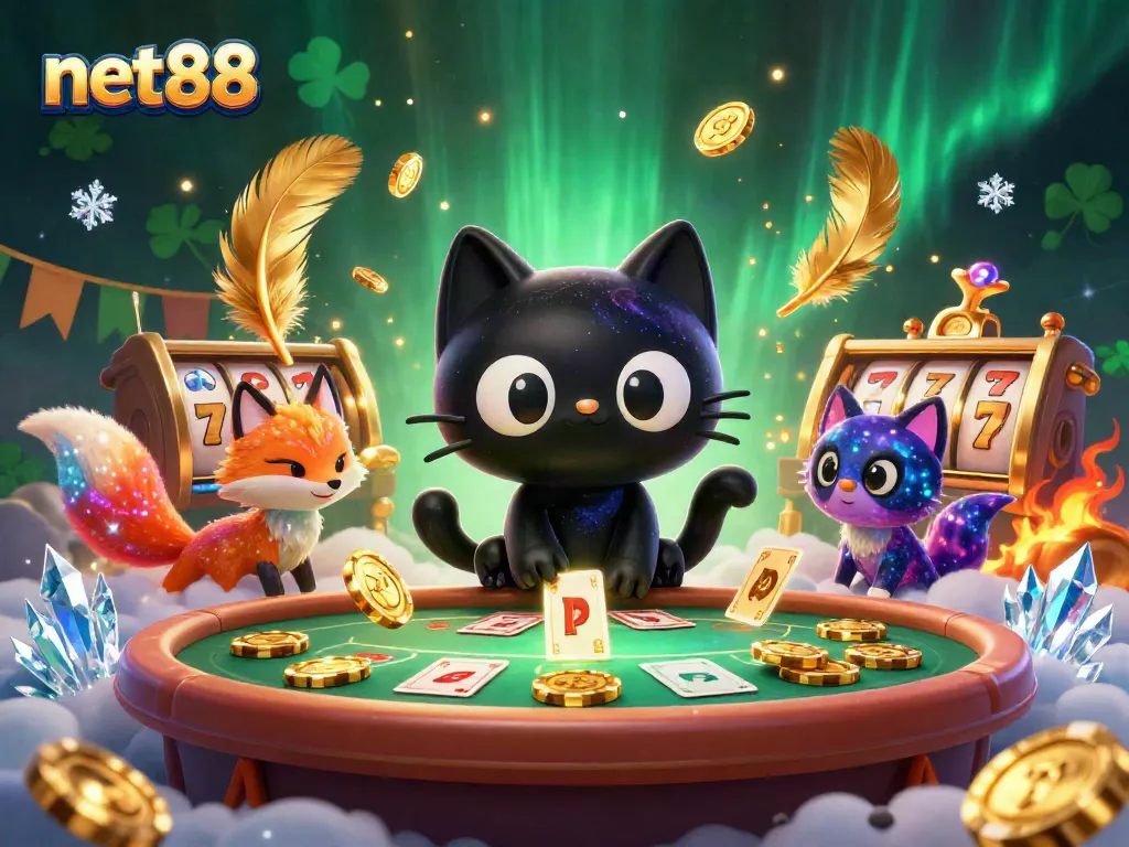 Experience the cosmic charm of net88 as the black hole cat captivates golden chips at a dynamic casino table.