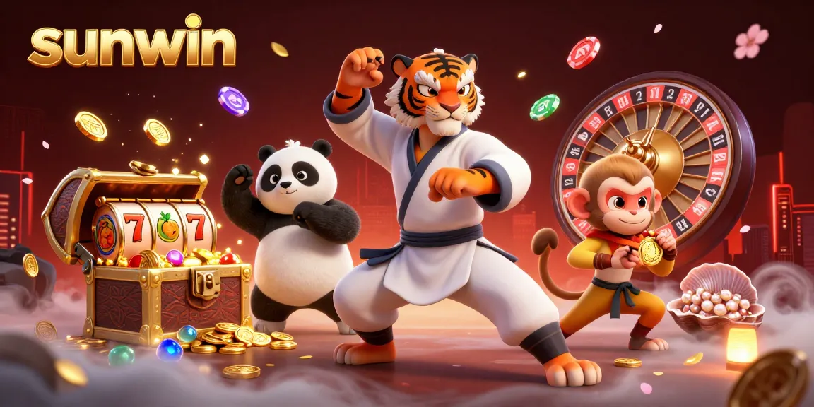 Experience the thrill of sunwin gaming with a playful 3D casino scene filled with action.