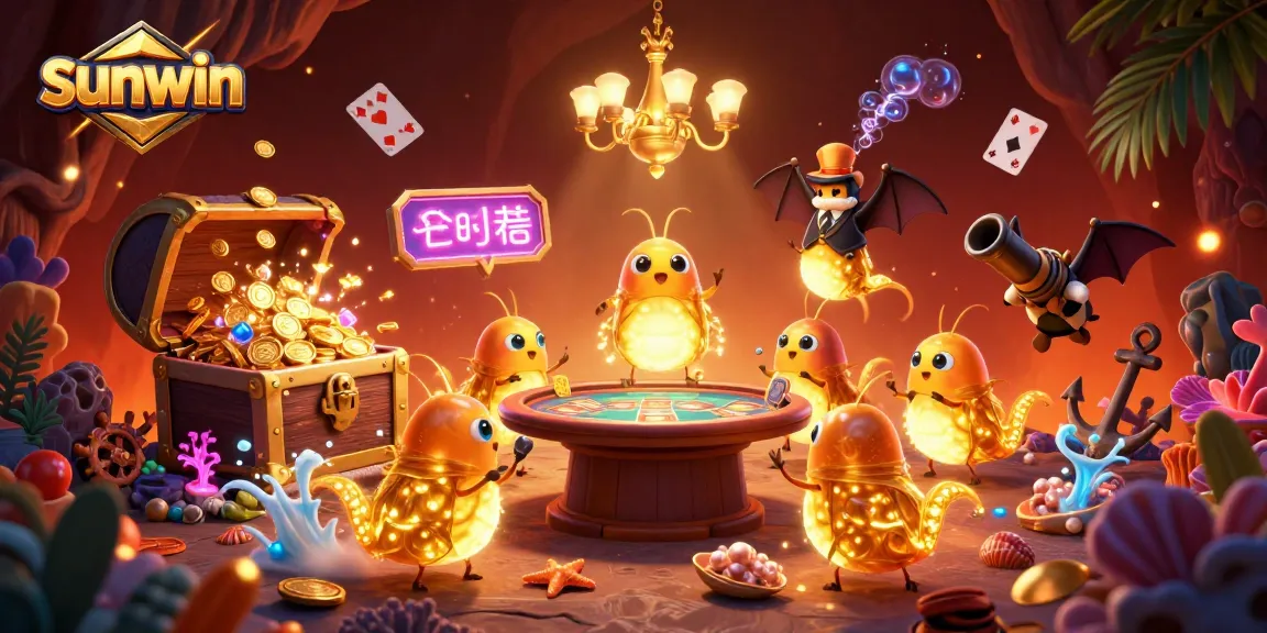 Experience the vibrant action of sunwin with glowing glowworms illuminating a cave casino filled with treasures.
