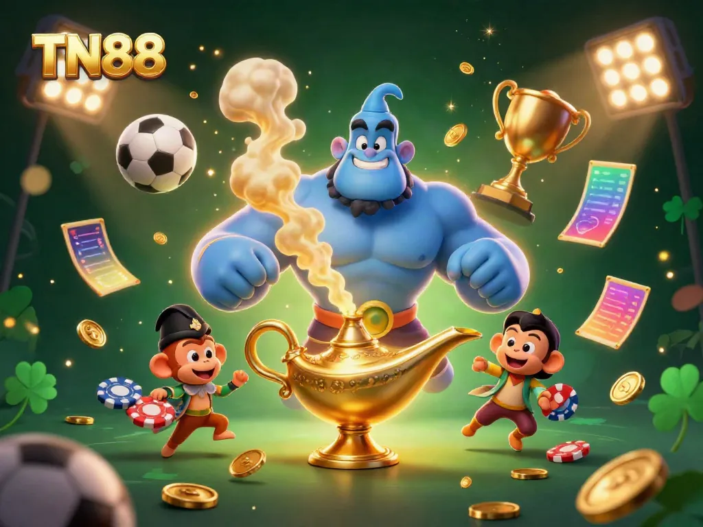 Engage in thrilling experiences at TN88 with an exciting casino-themed illustration showcasing vibrant characters and game elements.