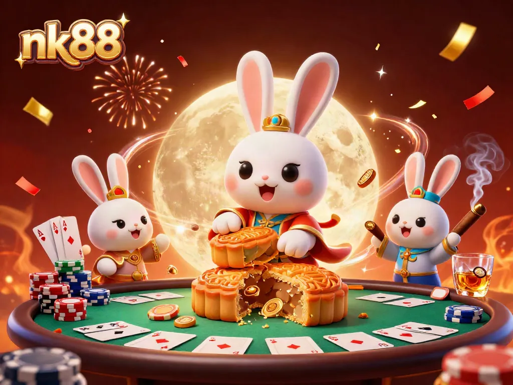 Spin poker chips in a dazzling nk88 casino scene with magical moon rabbits.