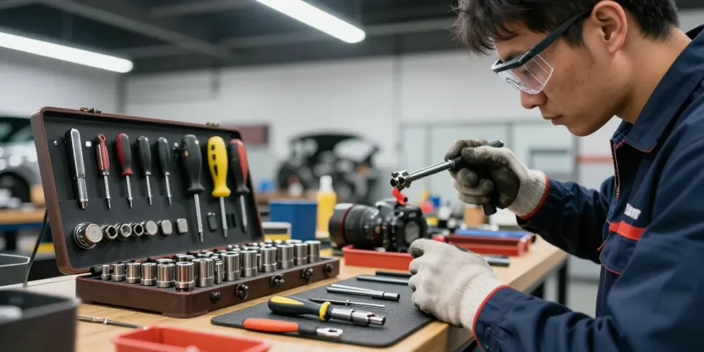 Technician using beta tools on a car engine in a bright workshop.