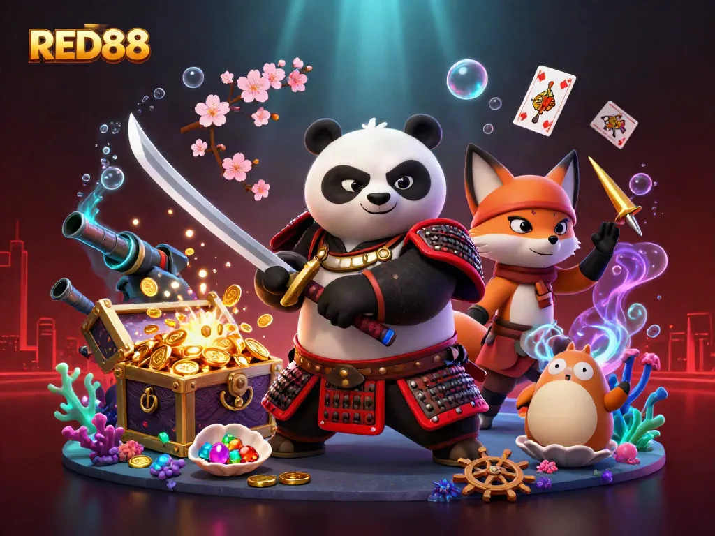 Experience the thrill of RED88 casino with a dynamic 3D illustration featuring iconic game elements.