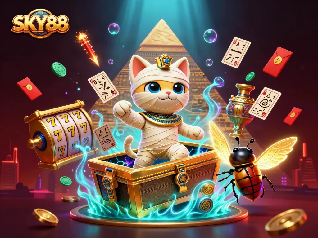 Experience thrilling gaming at SKY88 with a dynamic 3D casino illustration featuring luck, excitement, and vibrant visuals.