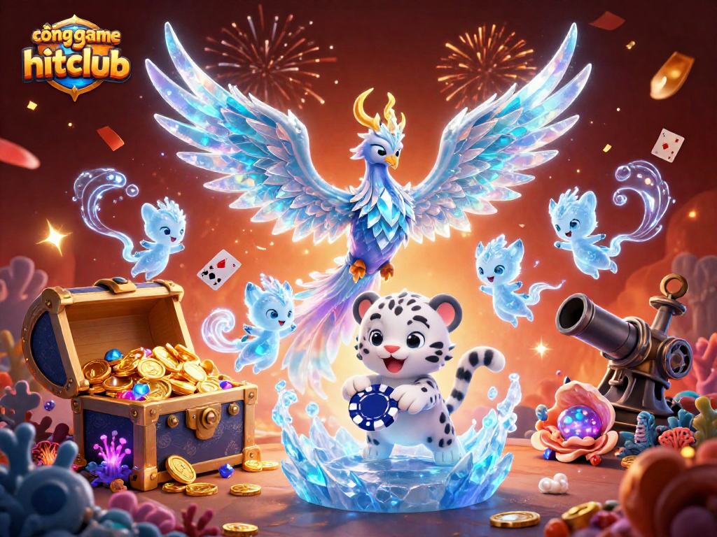 Win at cổng game hitclub with a magical 3D casino scene featuring vibrant game elements.