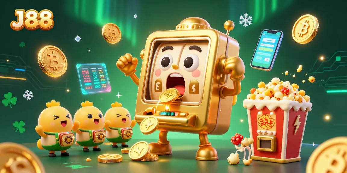 Celebrate J88's jackpots with a lively scene of cartoon slot machines and crypto elements!