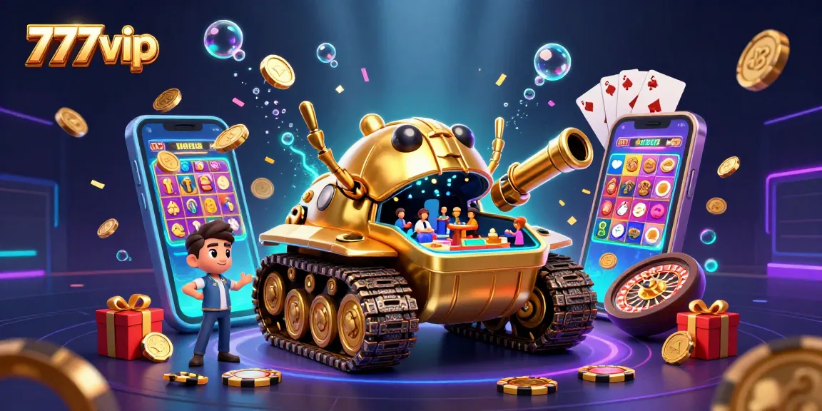 Experience the excitement of 777vip with a miniature casino tank, slot games, and vibrant action.