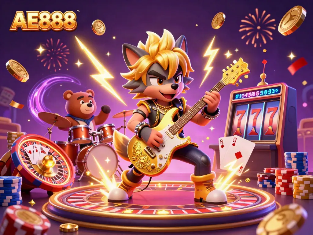 Experience the thrilling AE888 casino atmosphere with lively characters and exciting game elements.