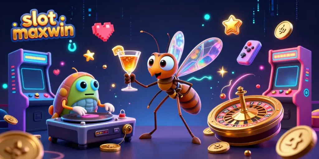 Experience thrilling gameplay with slot maxwin as colorful arcade machines surround animated casino mascots.