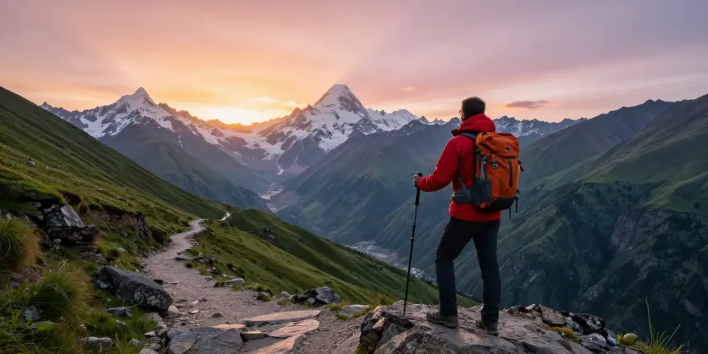 Senderista en el Manaslu Circuit Trek, disfrutando de la vista de montañas y valles al atardecer.