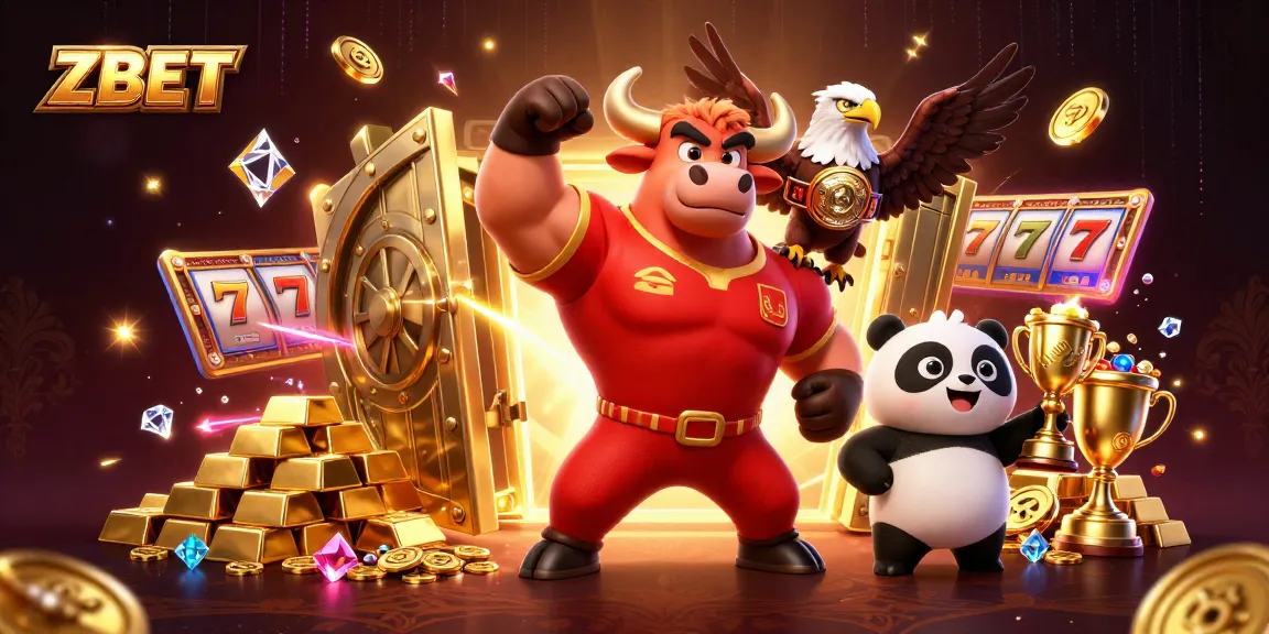 Engage with ZBET while celebrating a vibrant casino victory scene with 3D characters and game elements.