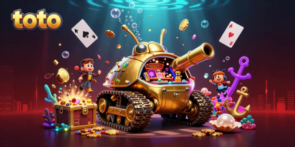 Engage with the exciting world of toto gaming in this vibrant 3D casino illustration showcasing a golden beetle tank casino.