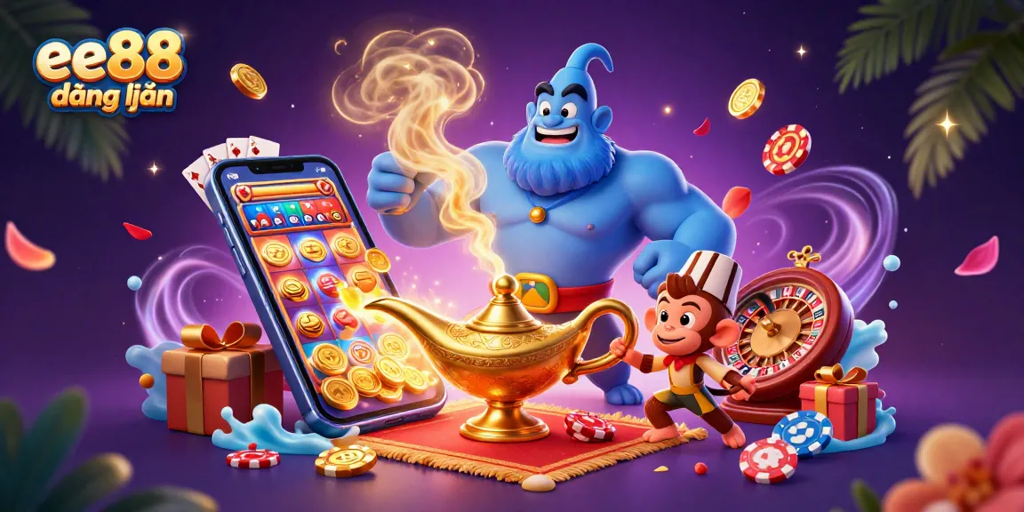 Experience the magic of ee88 đăng nhập with this vibrant 3D casino illustration featuring a blue genie, slot game, and poker elements.