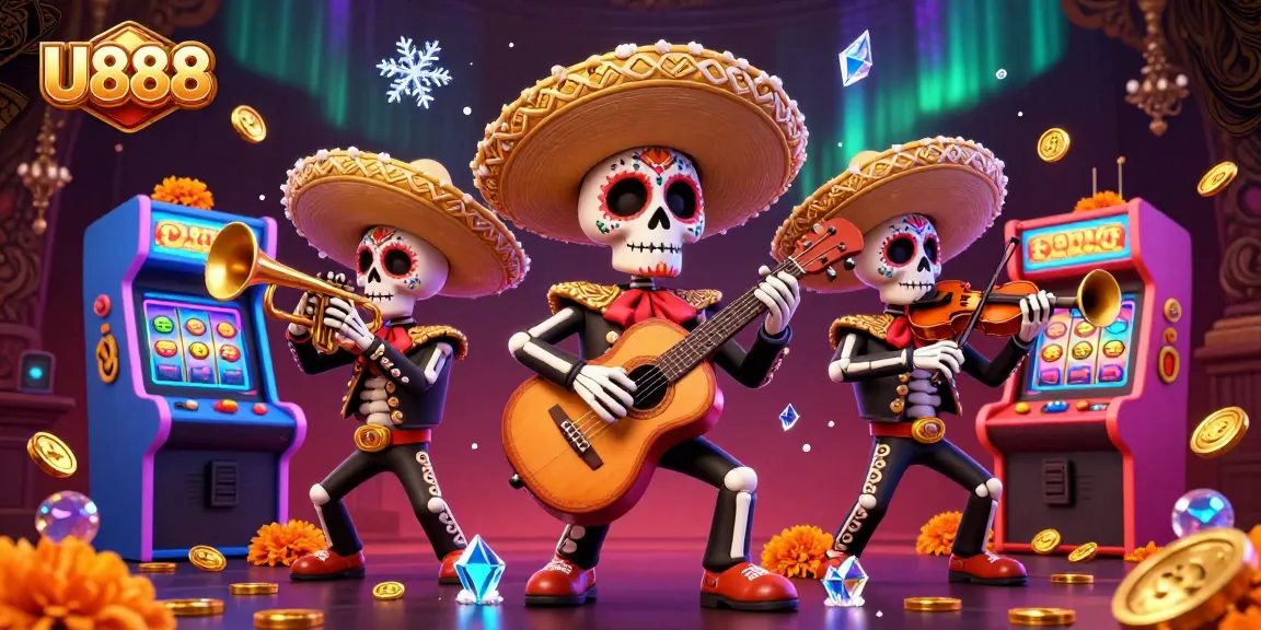 Engage with U888's vibrant skeleton mariachi band amid a dynamic casino gaming environment.