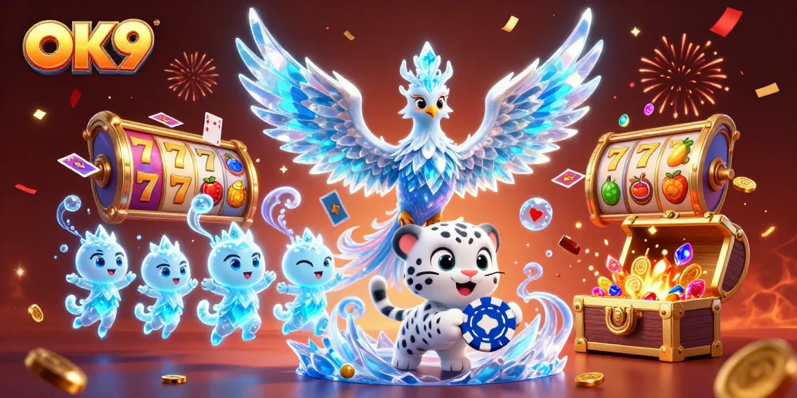 Engage with OK9's immersive casino experience featuring vibrant slot reels and animated characters.