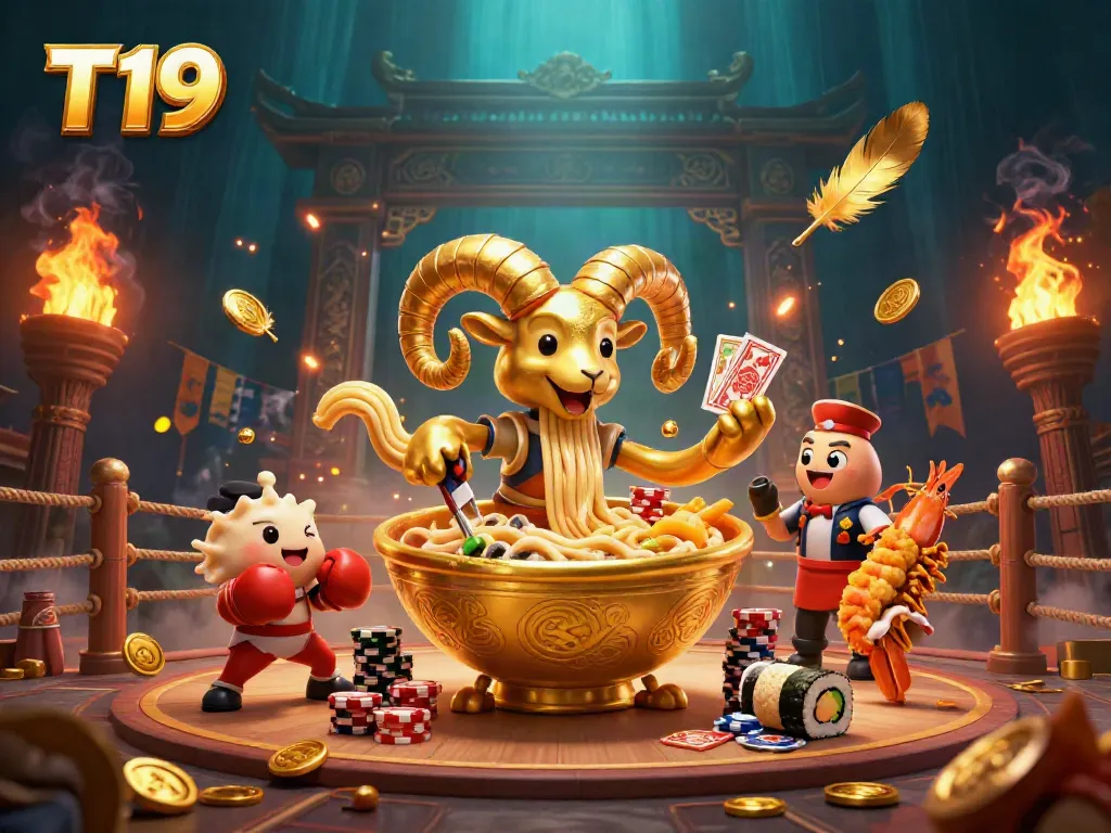 T19 engaging players with a dynamic illustration of a giant golden ramen bowl dealing casino cards and chips.