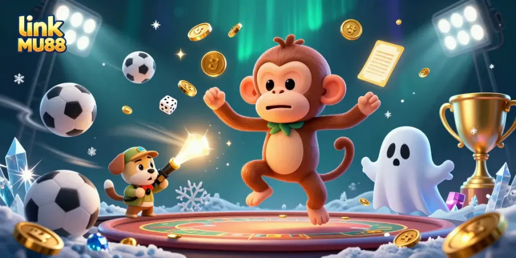 Experience excitement with the link MU88 featuring a playful poltergeist monkey juggling casino treasures.