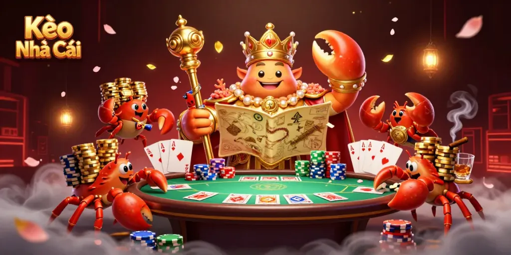 Kèo Nhà Cái illustration showing a golden crab emperor surrounded by poker elements, enhancing sports betting excitement.
