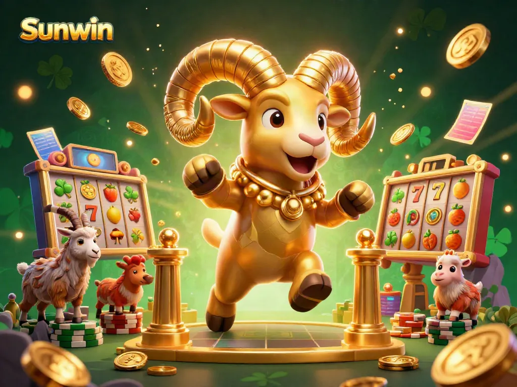 Experience intense gameplay with Sunwin's vibrant slot machines and captivating golden ram in this digital art.