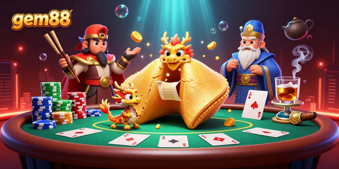 Engage with gem88's vibrant casino experience showcasing poker elements, golden fortune cookie, and animated characters.