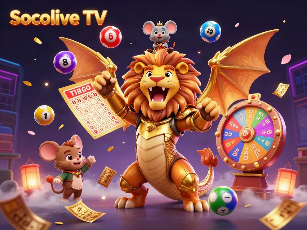 Socolive TV captures the excitement of gambling with a 3D chimera creature and festive elements.