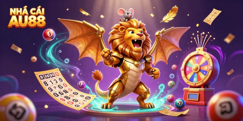 Engage with NHÀ CÁI AU88 as a golden chimera brings dynamic luck in a bustling casino scene.