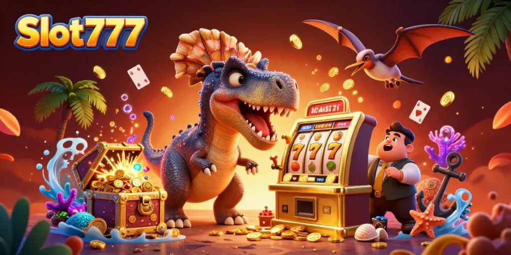 Experience explosive wins with Slot777 in a vibrant 3D casino scene of dinosaurs and jackpots.
