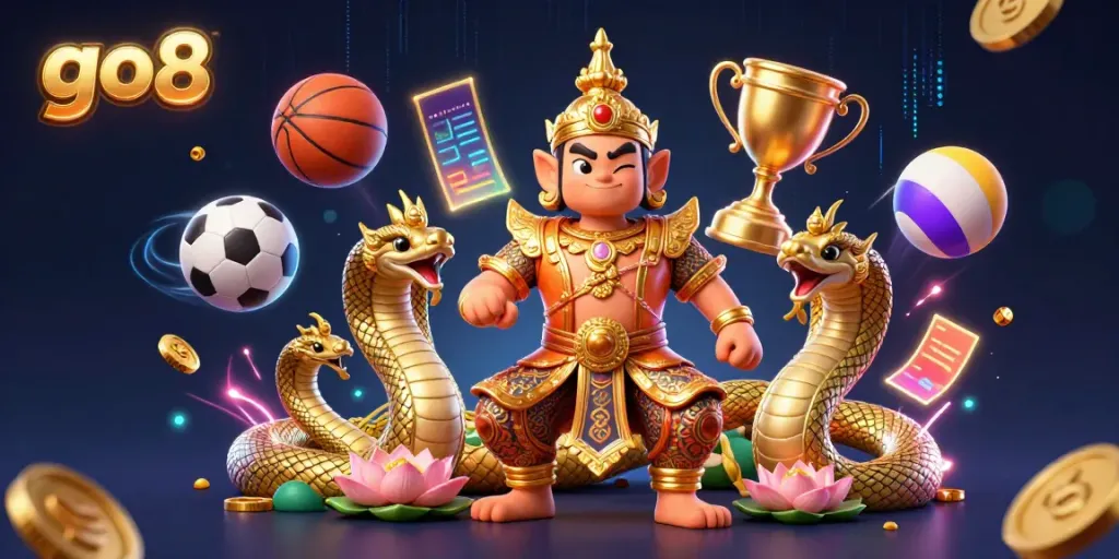Go8 showcases an exciting gambling scene featuring a temple guardian, Naga serpents, and dynamic sports elements.