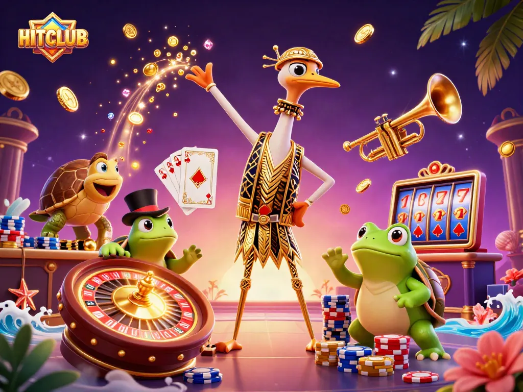 Engage with HITCLUB and enjoy a vibrant casino scene filled with excitement and animated characters.