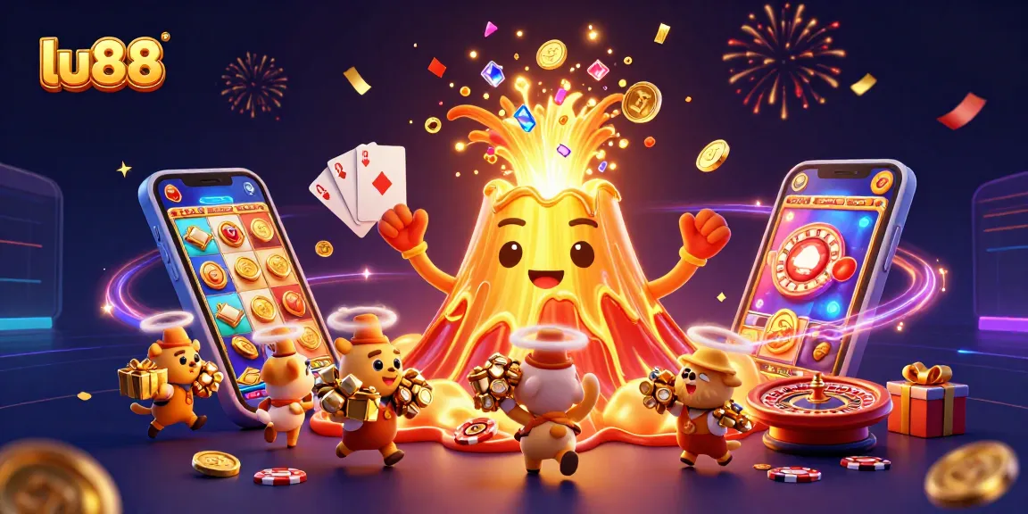 lu88 unleashes a triumphant eruption of coins and treasures amidst vibrant gaming elements.