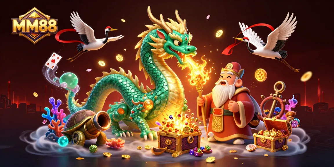 Engage with MM88's vibrant gaming world, featuring a jade dragon and lucky cranes in action.