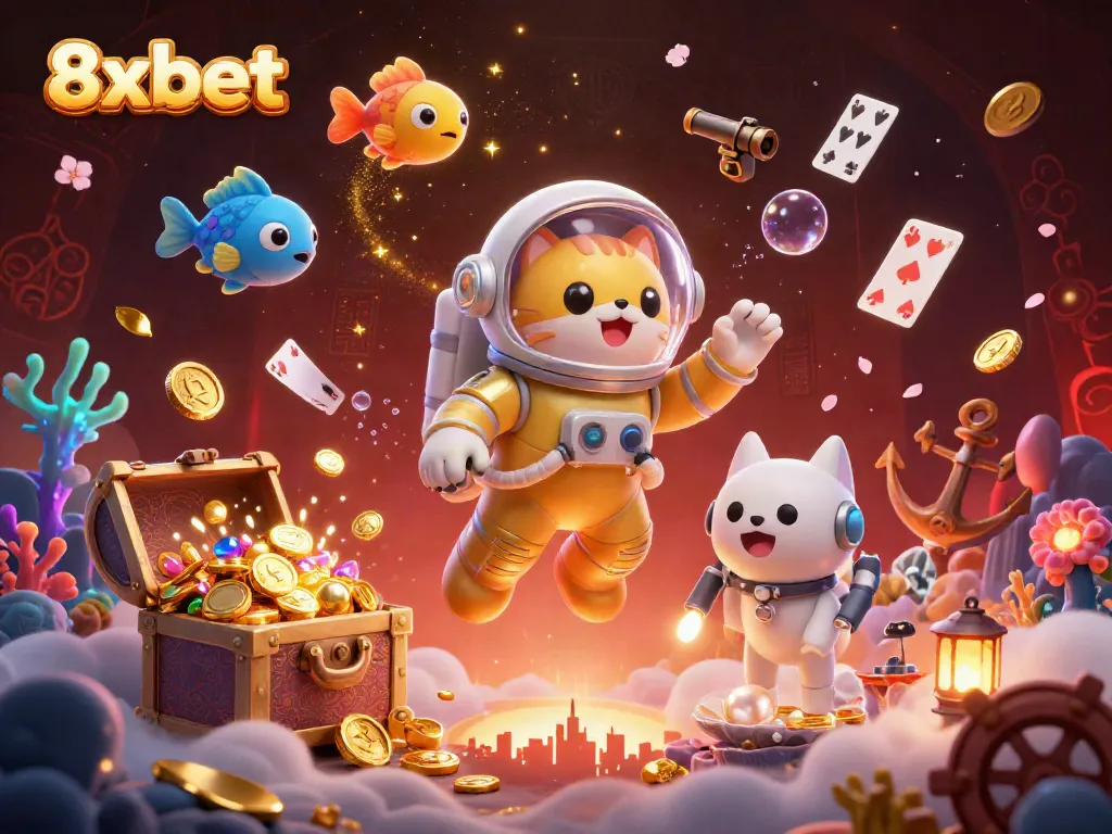 Experience thrilling gameplay with 8xbet amidst a vibrant 3D cosmic casino scene featuring treasures and alien creatures.