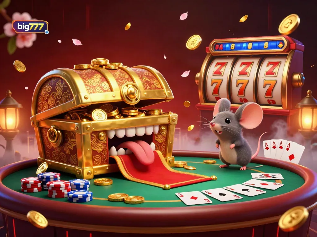 Experience big777’s vibrant casino scene with golden treasures, casino elements, and adventure.